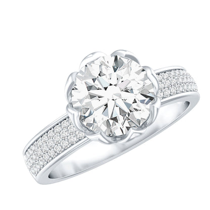 Lotus Basket Set Moissanite Engagement Ring with Side Stones