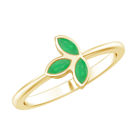 Anillo de promesa con esmeralda talla marquesa en forma de hoja con engaste de bisel