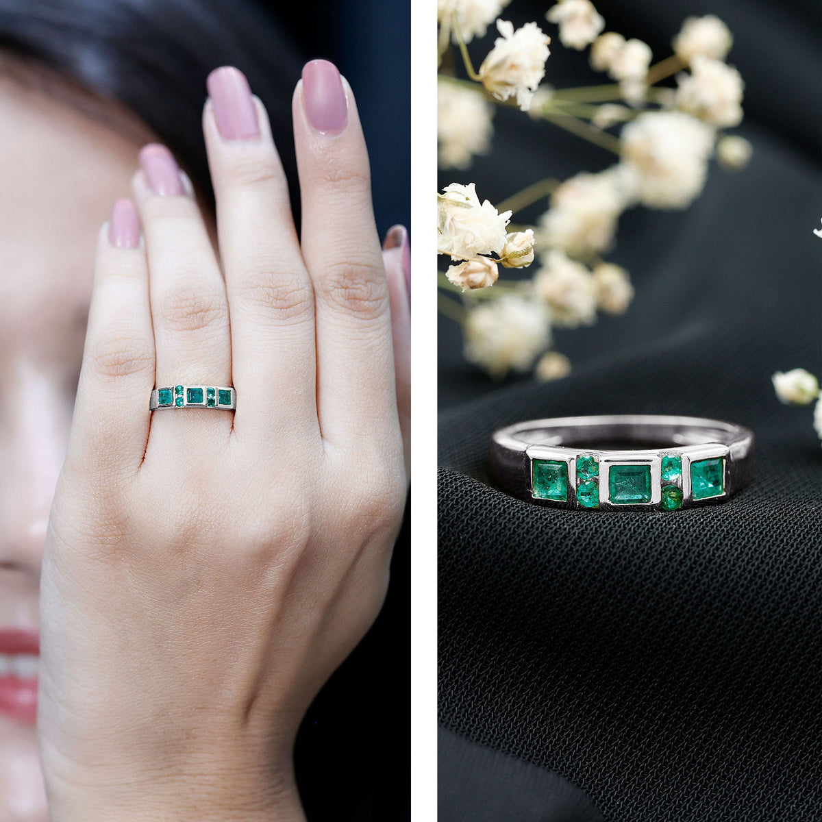 Natural Emerald Princess Cut Band Ring