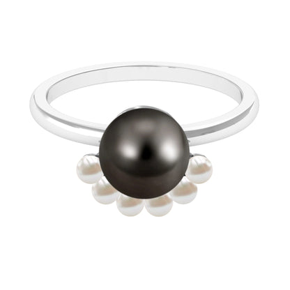 Anillo de compromiso de diseño de media aureola de perlas blancas y negras de 7,5 quilates