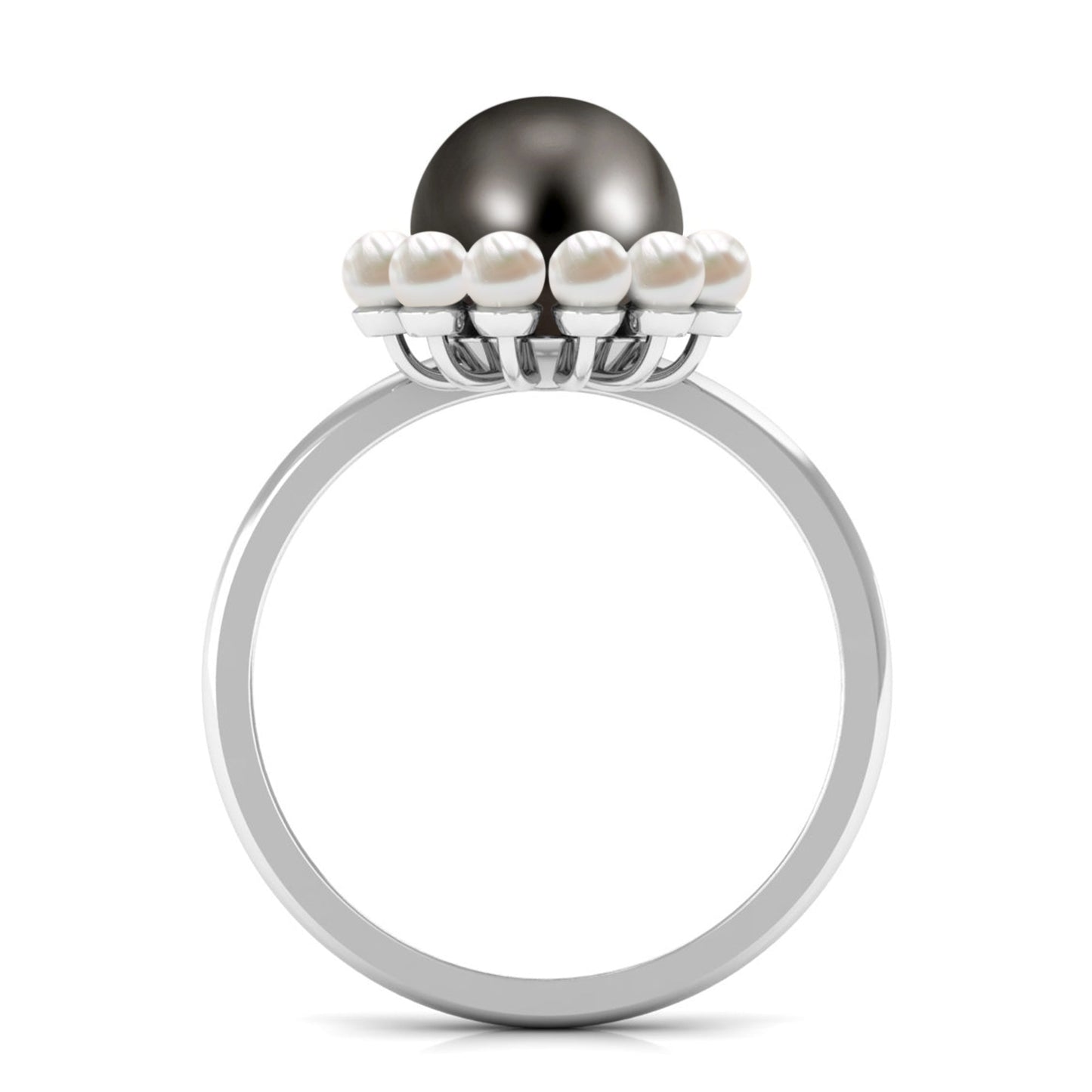 Anillo de compromiso de diseño de media aureola de perlas blancas y negras de 7,5 quilates