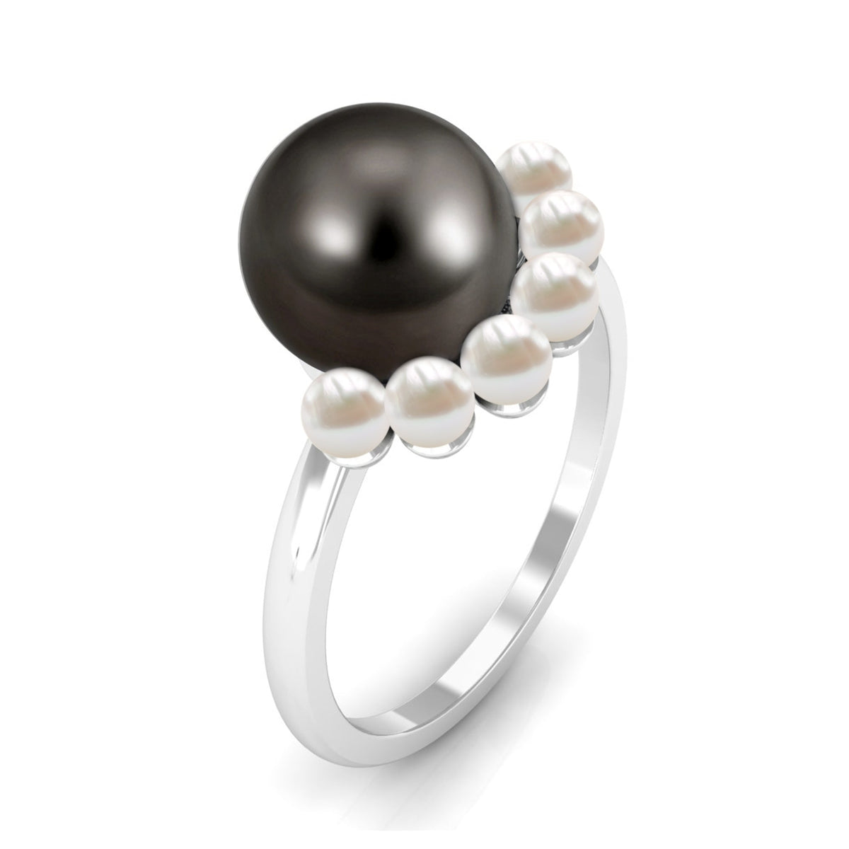 Anillo de compromiso de diseño de media aureola de perlas blancas y negras de 7,5 quilates