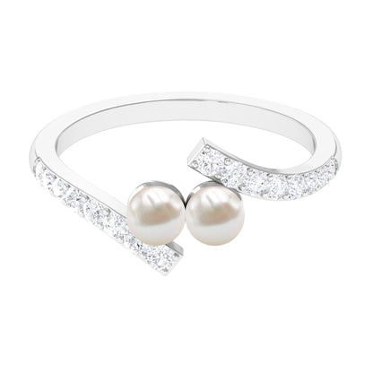 Freshwater Pearl 2 Stone Engagement Ring Diamond Bypass Shank