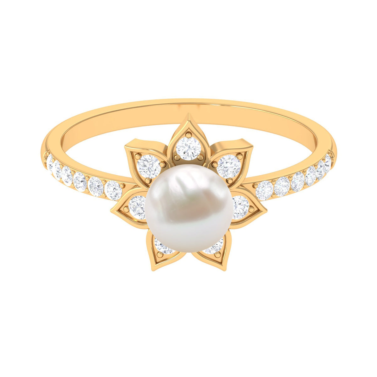 Freshwater Pearl Solitaire Floral Engagement Ring with Diamond