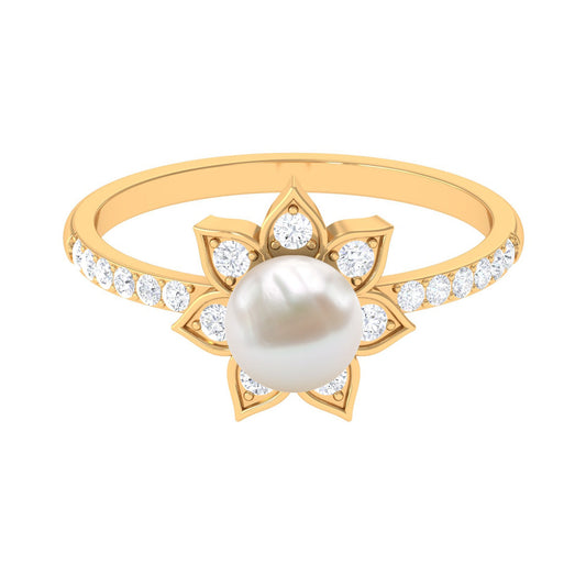 Freshwater Pearl Solitaire Floral Engagement Ring with Diamond