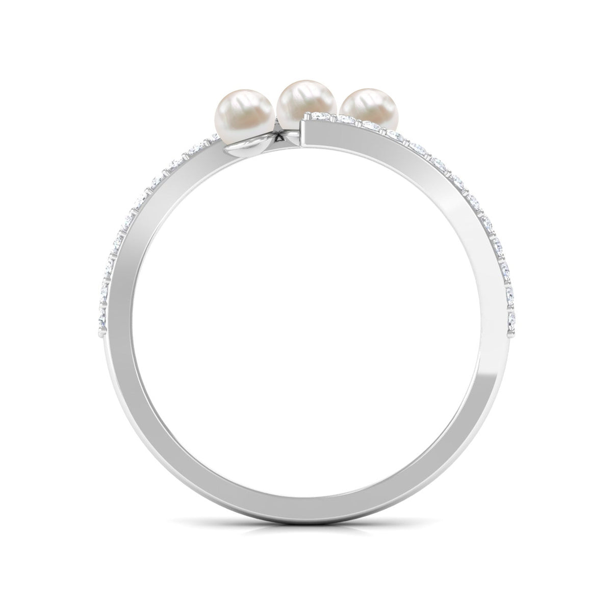 Natural Freshwater Pearl 3 Stone Engagement Ring with Diamond