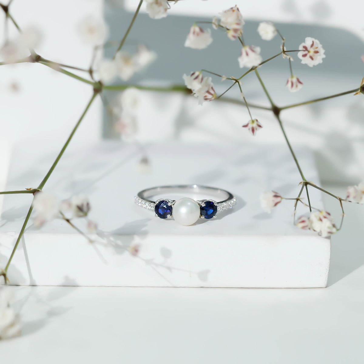 Natural Freshwater Pearl and Blue Sapphire 3 Stone Engagement Ring with Diamond