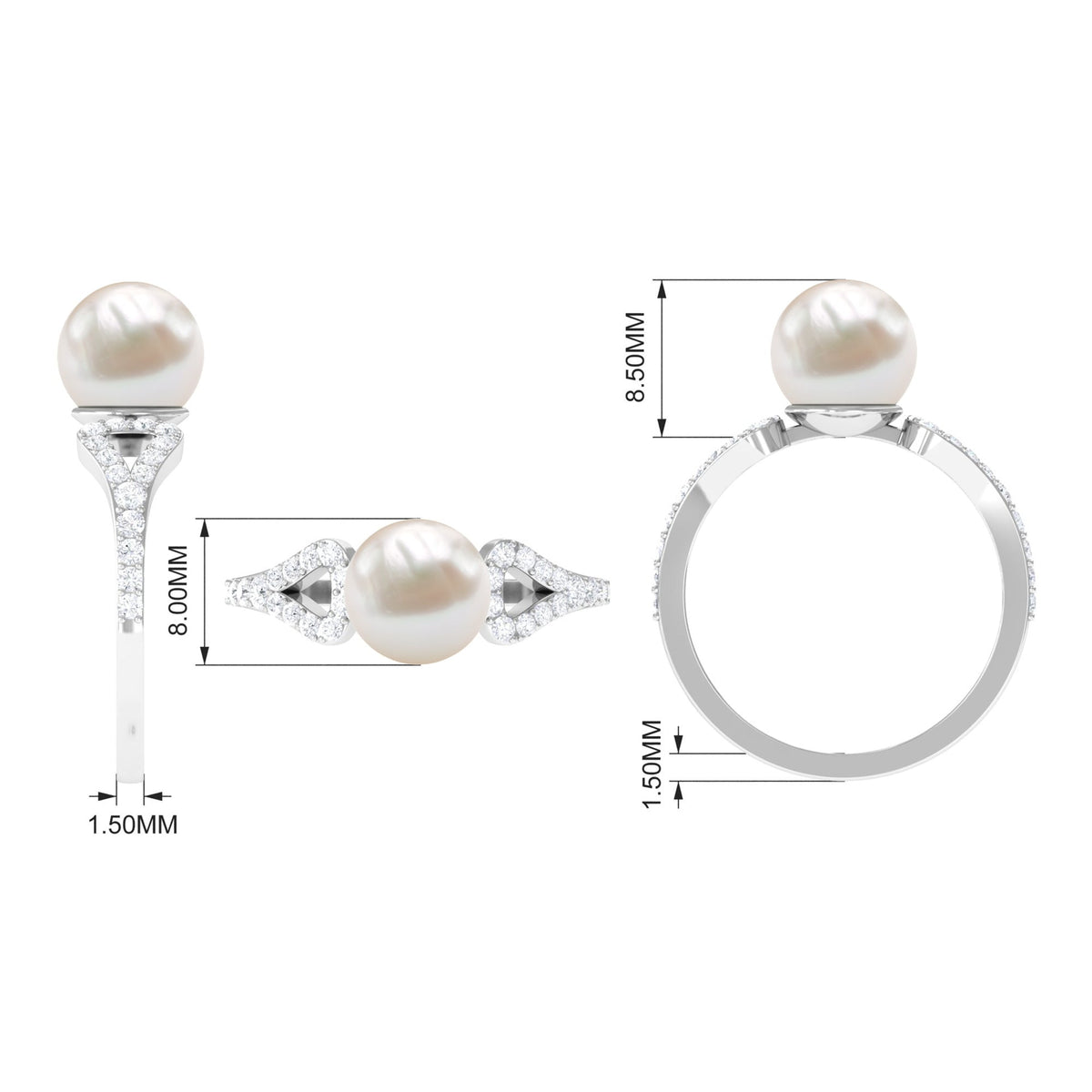 Anillo de compromiso solitario con perla cultivada de agua dulce de 7,4 quilates con diamante