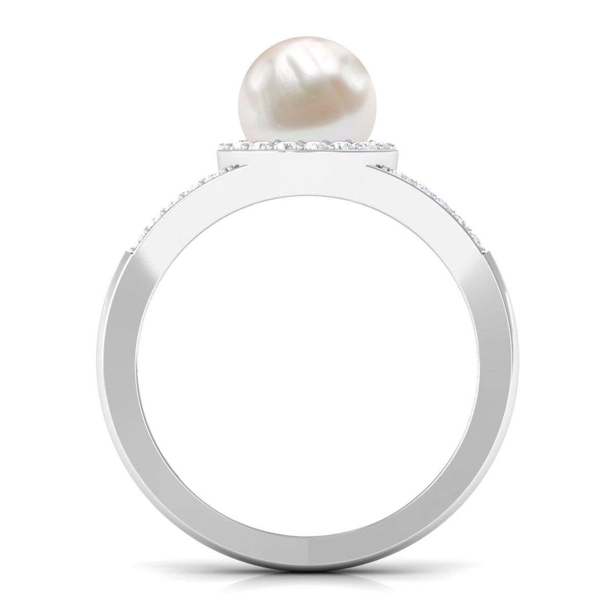 Split Shank Freshwater Pearl Engagement Ring with Diamond Halo
