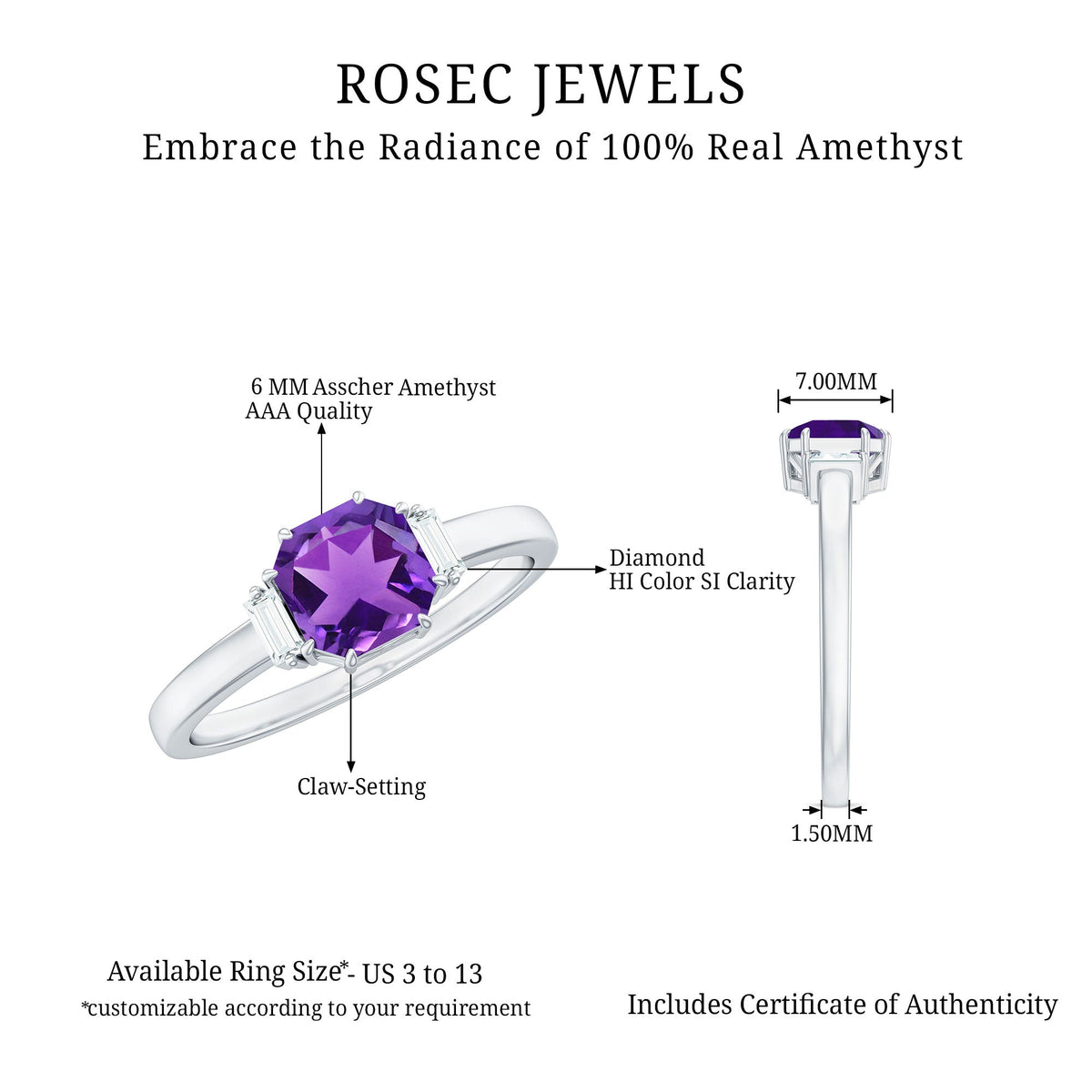 Anillo de compromiso natural de amatista de 1,3 quilates talla Asscher con diamante