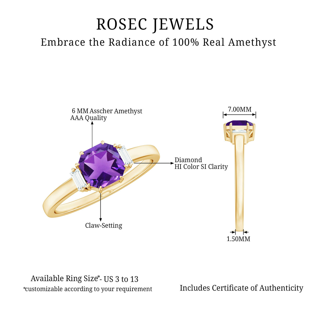 Anillo de compromiso natural de amatista de 1,3 quilates talla Asscher con diamante