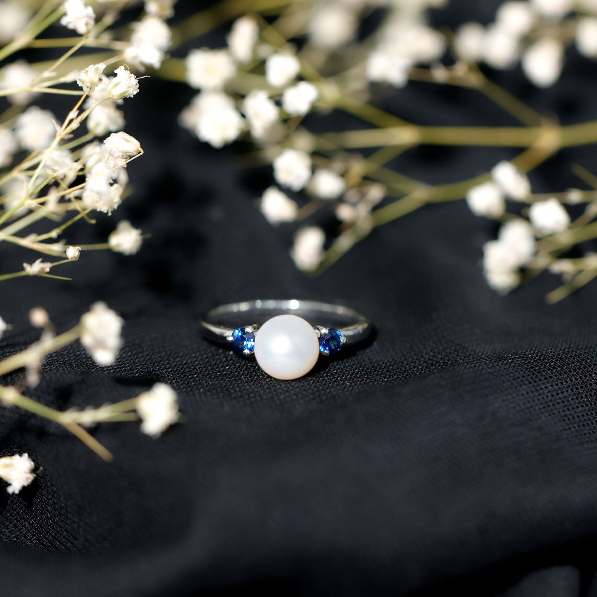 Cultured Freshwater Pearl Engagement Ring with Blue Sapphire
