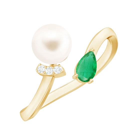 Anillo de promesa Toi et Moi con perlas cultivadas de agua dulce y esmeraldas