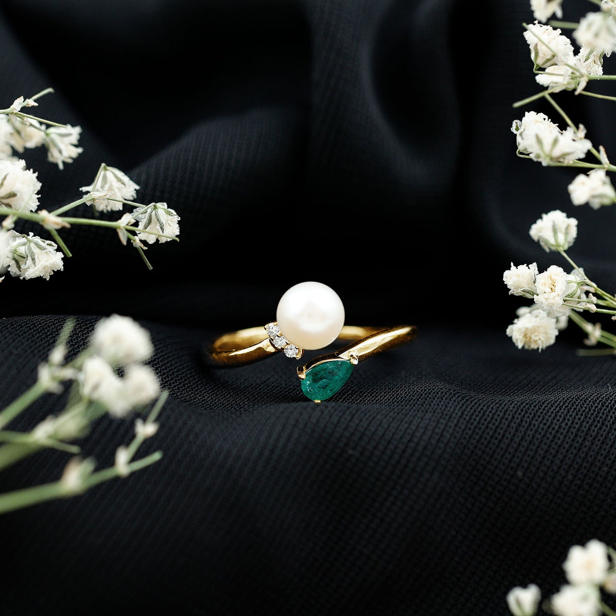 Cultured Freshwater Pearl and Emerald Toi Et Moi Promise Ring