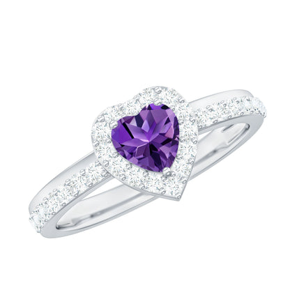 Anillo de compromiso con halo de amatista y diamantes en forma de corazón