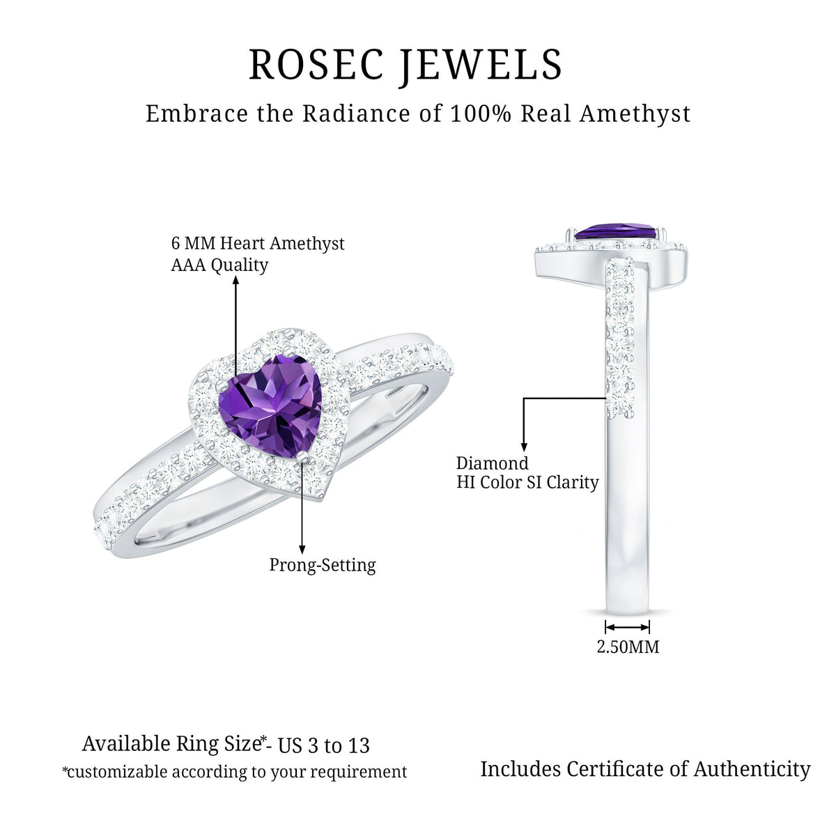 Anillo de compromiso con halo de amatista y diamantes en forma de corazón