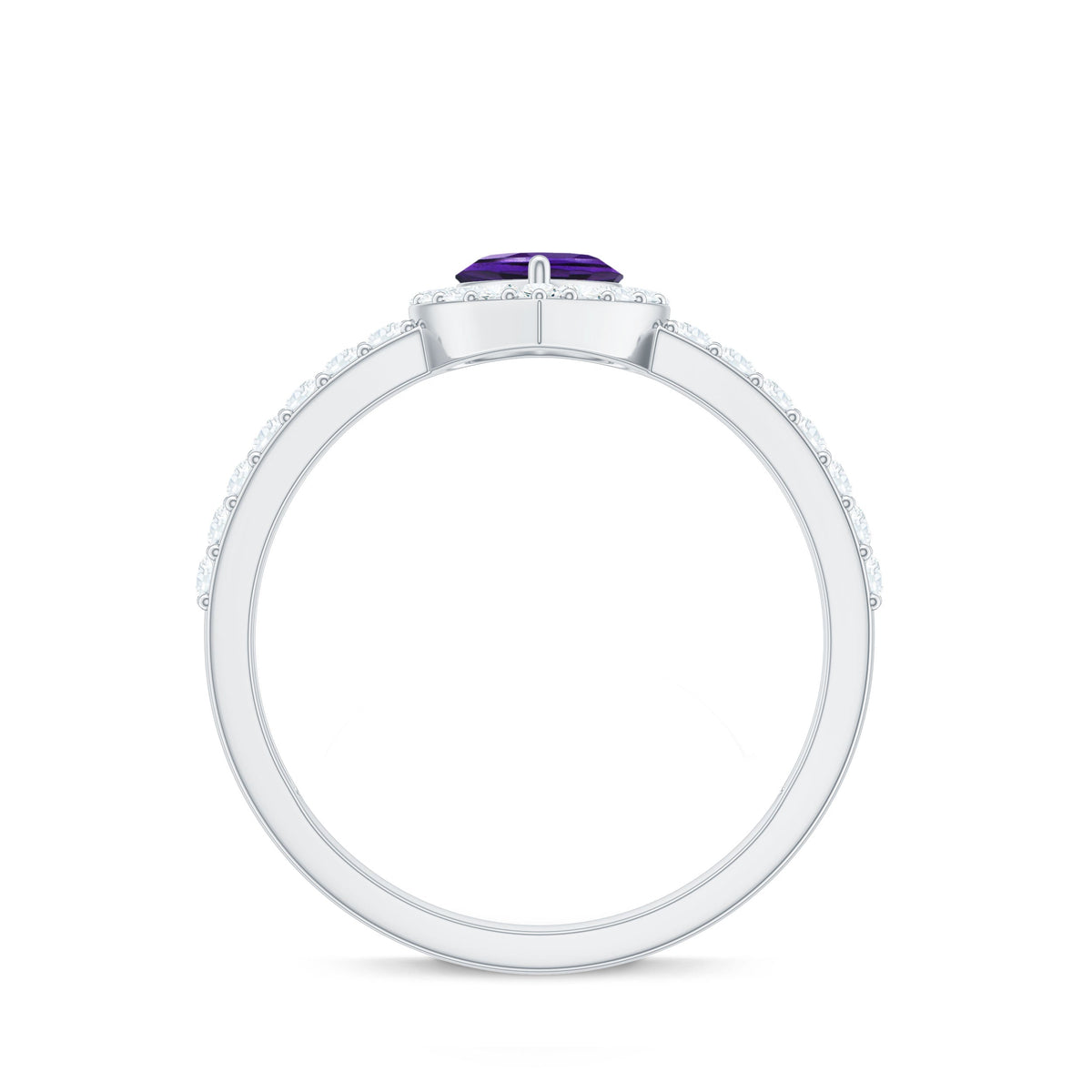 Anillo de compromiso con halo de amatista y diamantes en forma de corazón