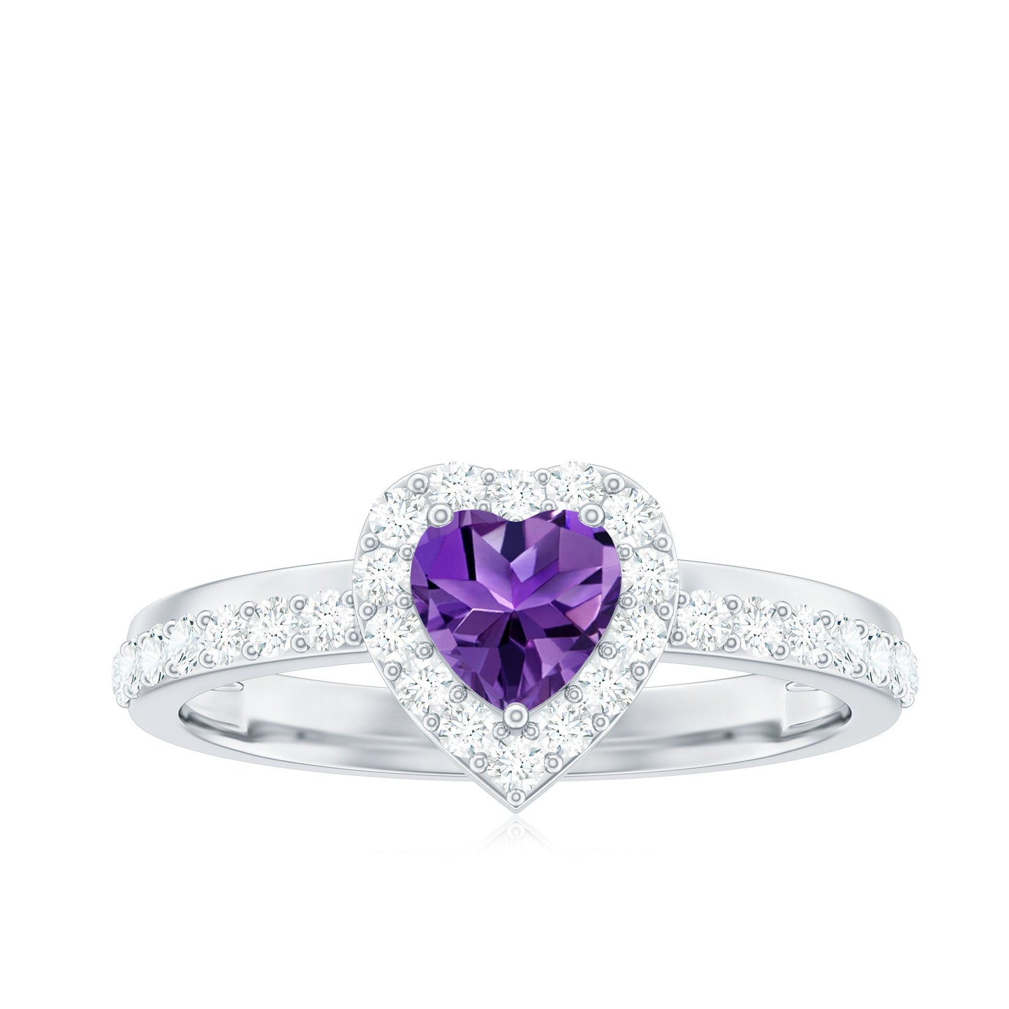 Anillo de compromiso con halo de amatista y diamantes en forma de corazón