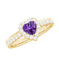 Anillo de compromiso con halo de amatista y diamantes en forma de corazón
