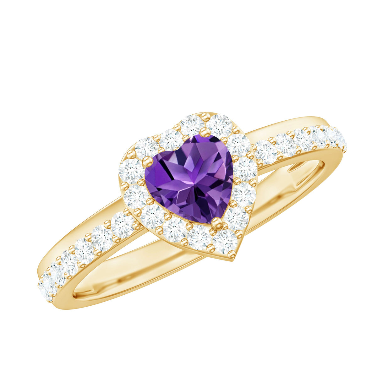Anillo de compromiso con halo de amatista y diamantes en forma de corazón