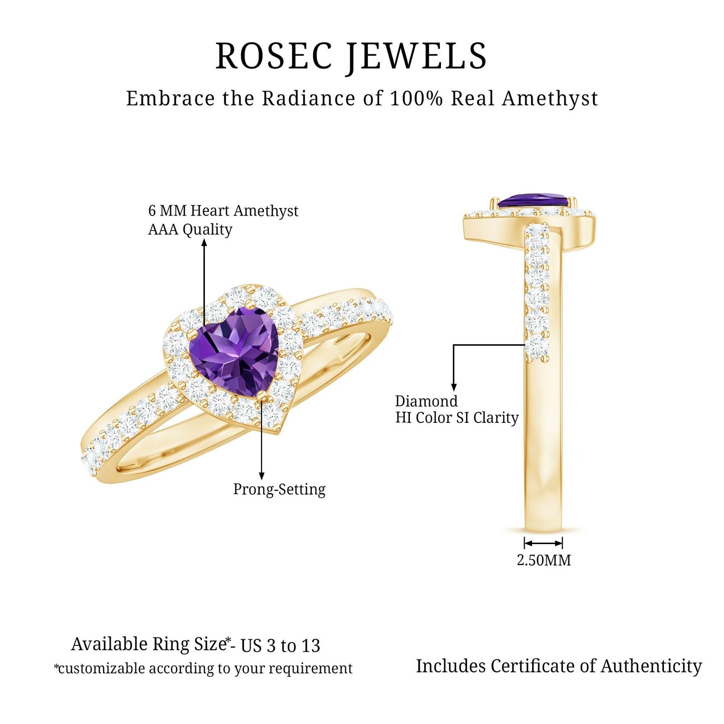 Anillo de compromiso con halo de amatista y diamantes en forma de corazón