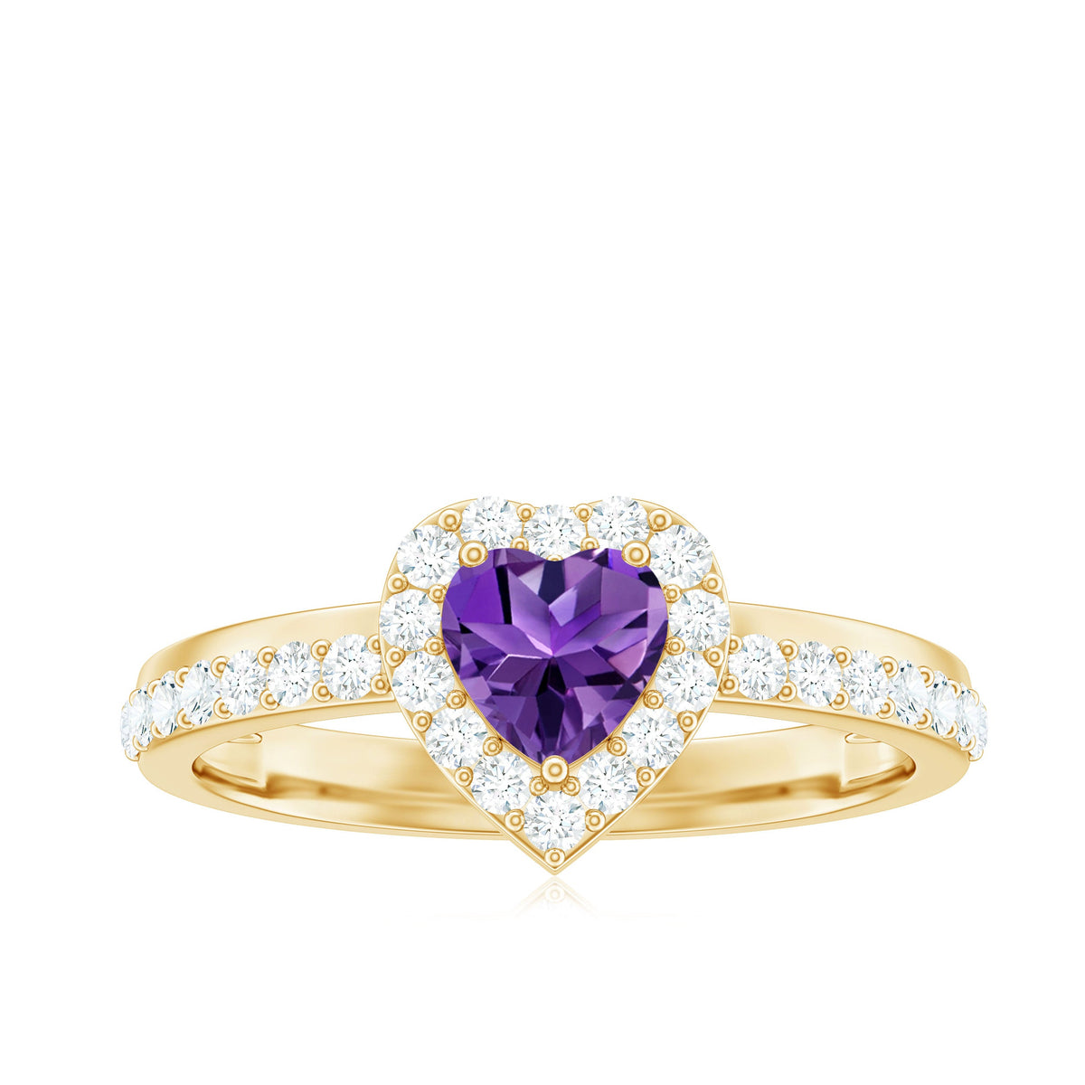 Anillo de compromiso con halo de amatista y diamantes en forma de corazón