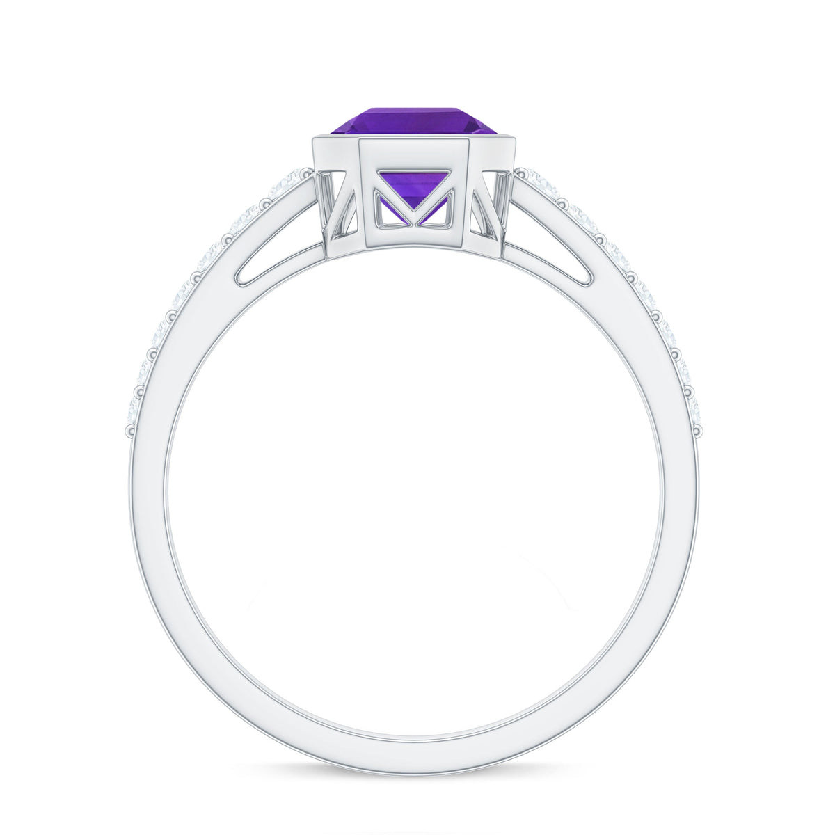 Bezel Asscher Amethyst Solitaire Ring with Diamond Side Stones
