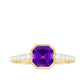 Bezel Asscher Amethyst Solitaire Ring with Diamond Side Stones