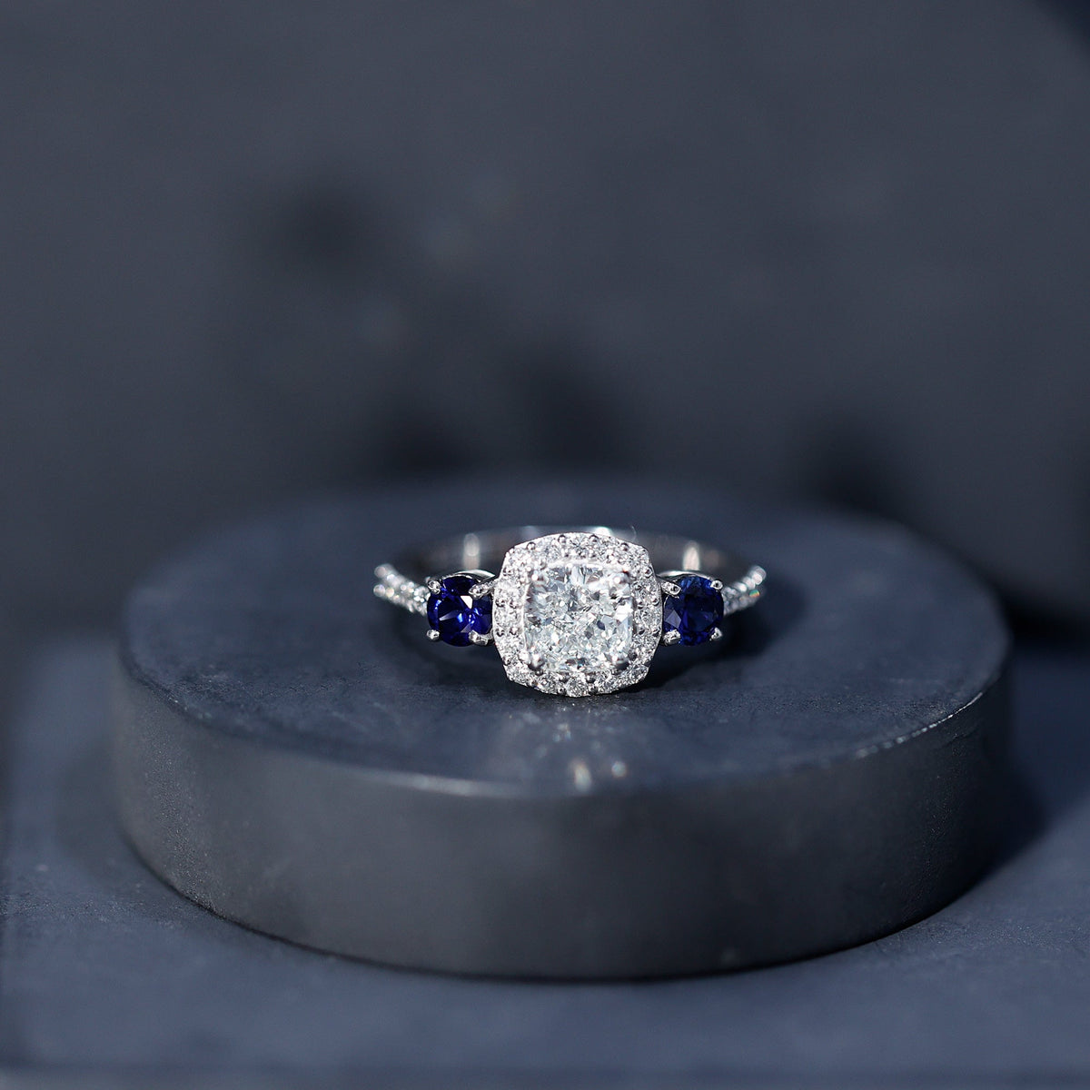 Certified 1.7 Carat Cushion Cut Lab Grown Diamond Engagement Ring with Blue Sapphire