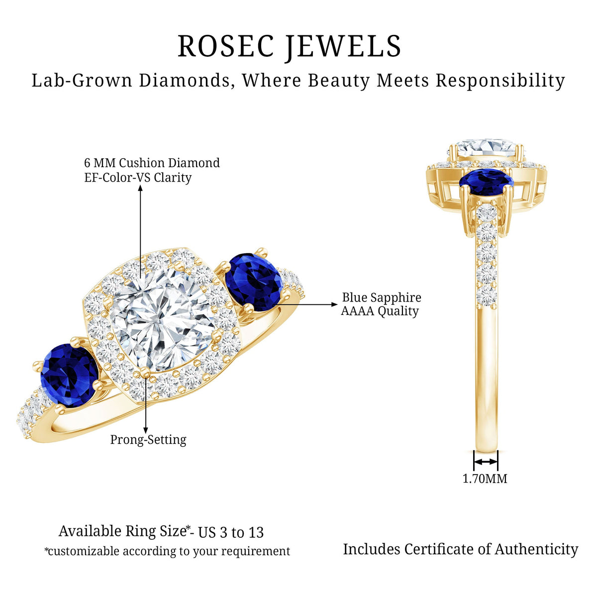 Certified 1.7 Carat Cushion Cut Lab Grown Diamond Engagement Ring with Blue Sapphire