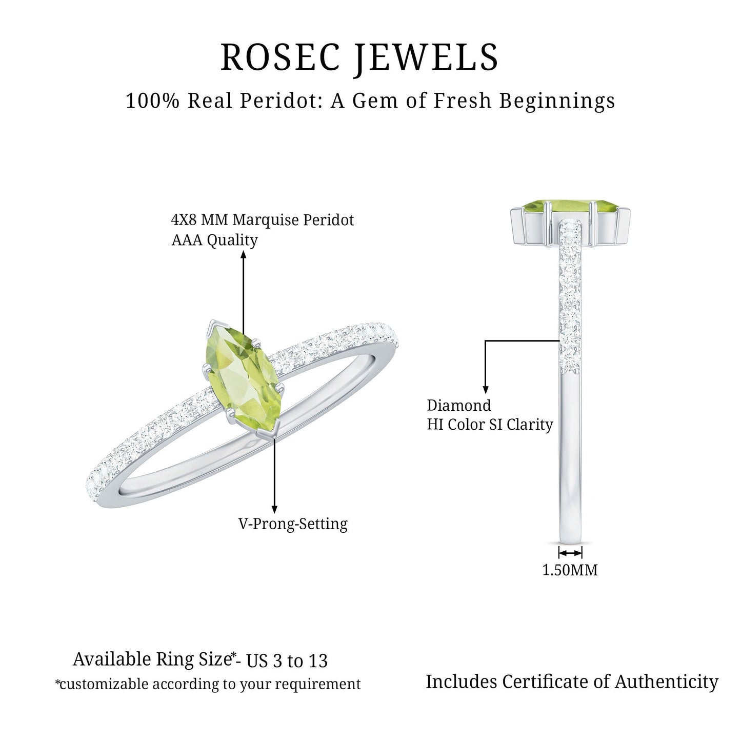 Anillo de promesa de peridoto marquesa de 0,7 quilates genuino con diamante