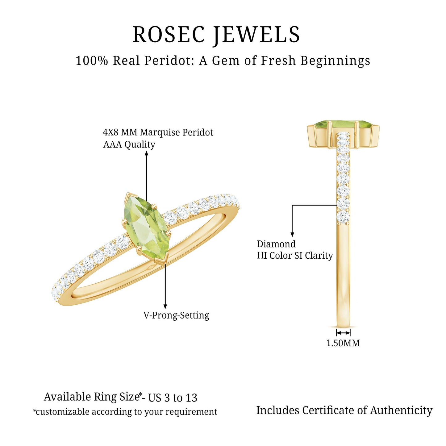 Anillo de promesa de peridoto marquesa de 0,7 quilates genuino con diamante