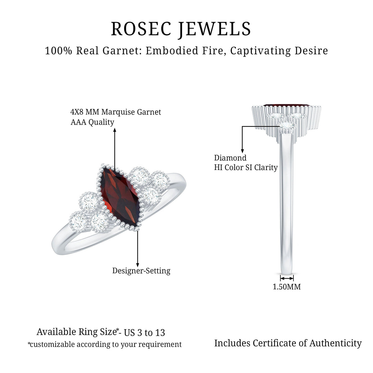 Anillo de compromiso de granate marquesa natural de 0,7 quilates con diamantes