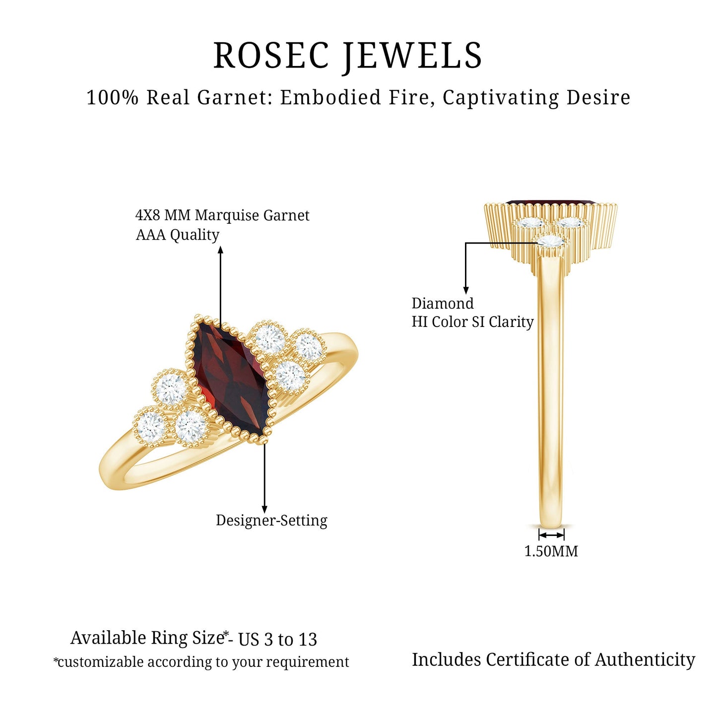 Anillo de compromiso de granate marquesa natural de 0,7 quilates con diamantes