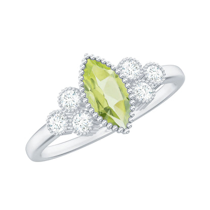 Natural 0.7 Carat Marquise Shape Peridot Engagement Ring with Diamond