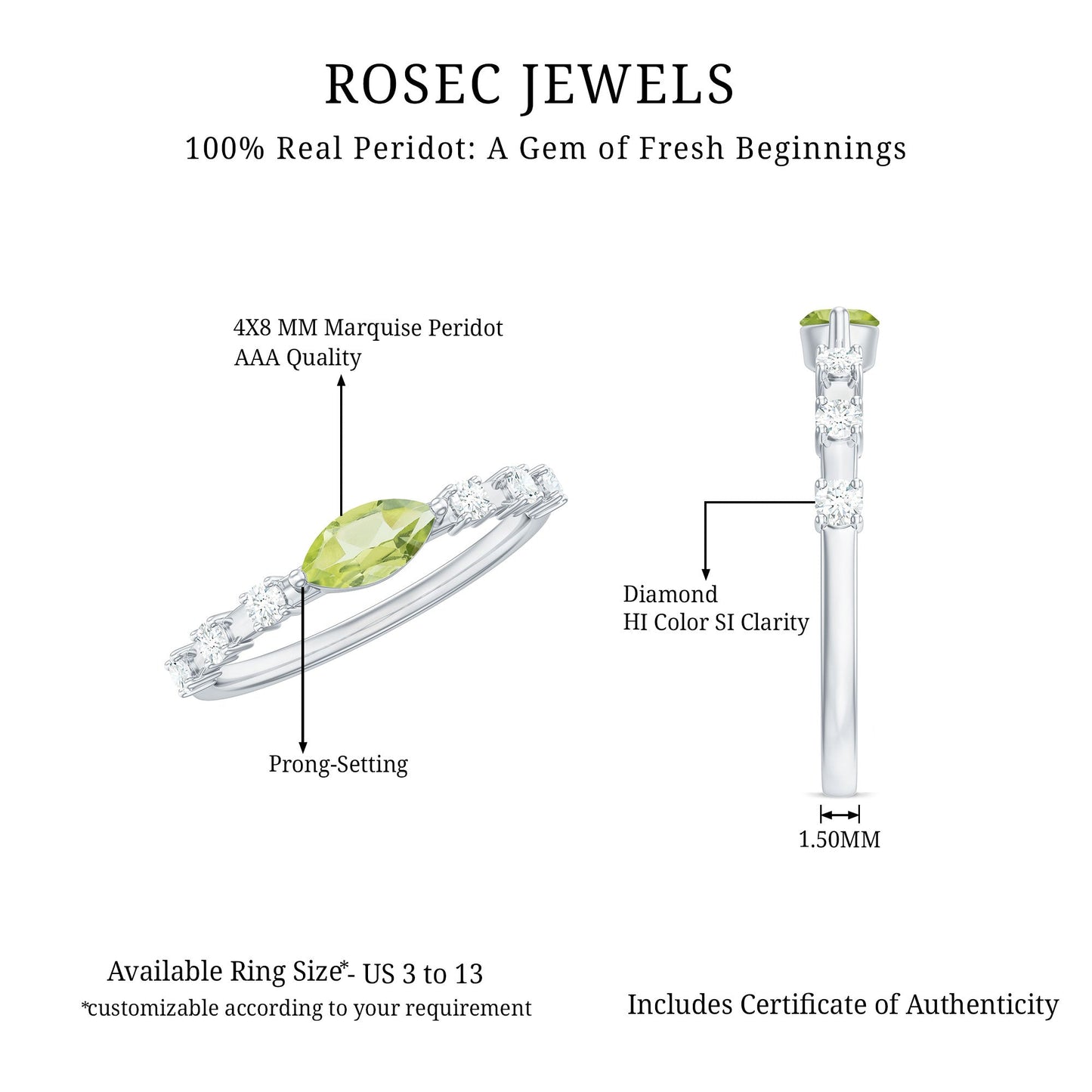 Anillo de peridoto de 0,75 quilates en orientación este-oeste con acento de diamante