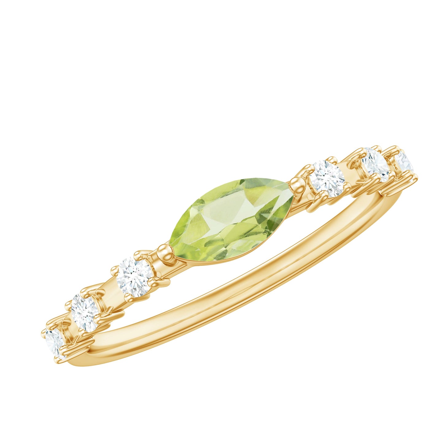 Anillo de peridoto de 0,75 quilates en orientación este-oeste con acento de diamante