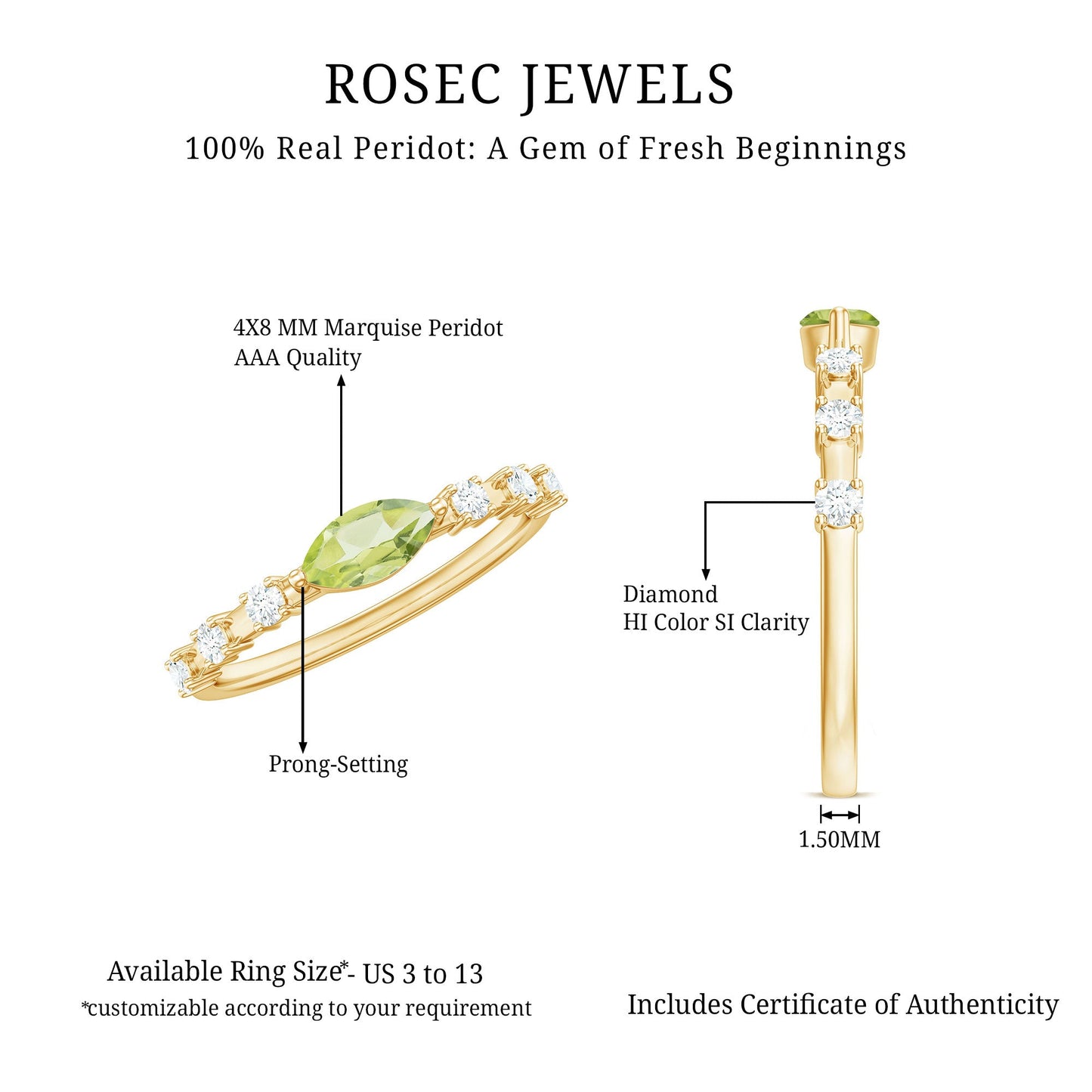 Anillo de peridoto de 0,75 quilates en orientación este-oeste con acento de diamante