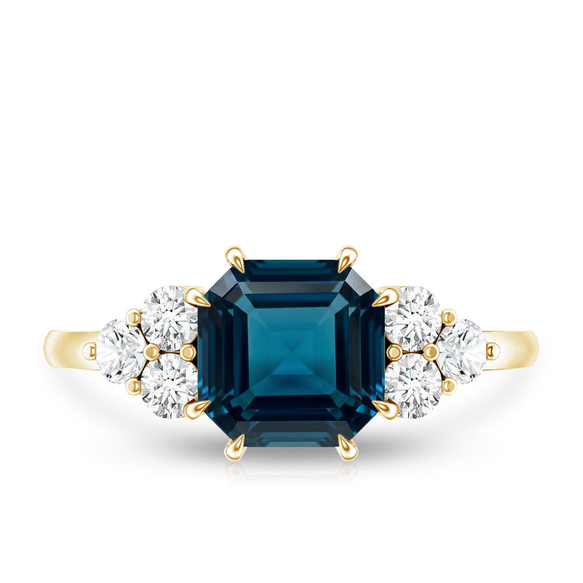 Asscher Cut London Blue Topaz Solitaire Engagement Ring with Diamond Trio