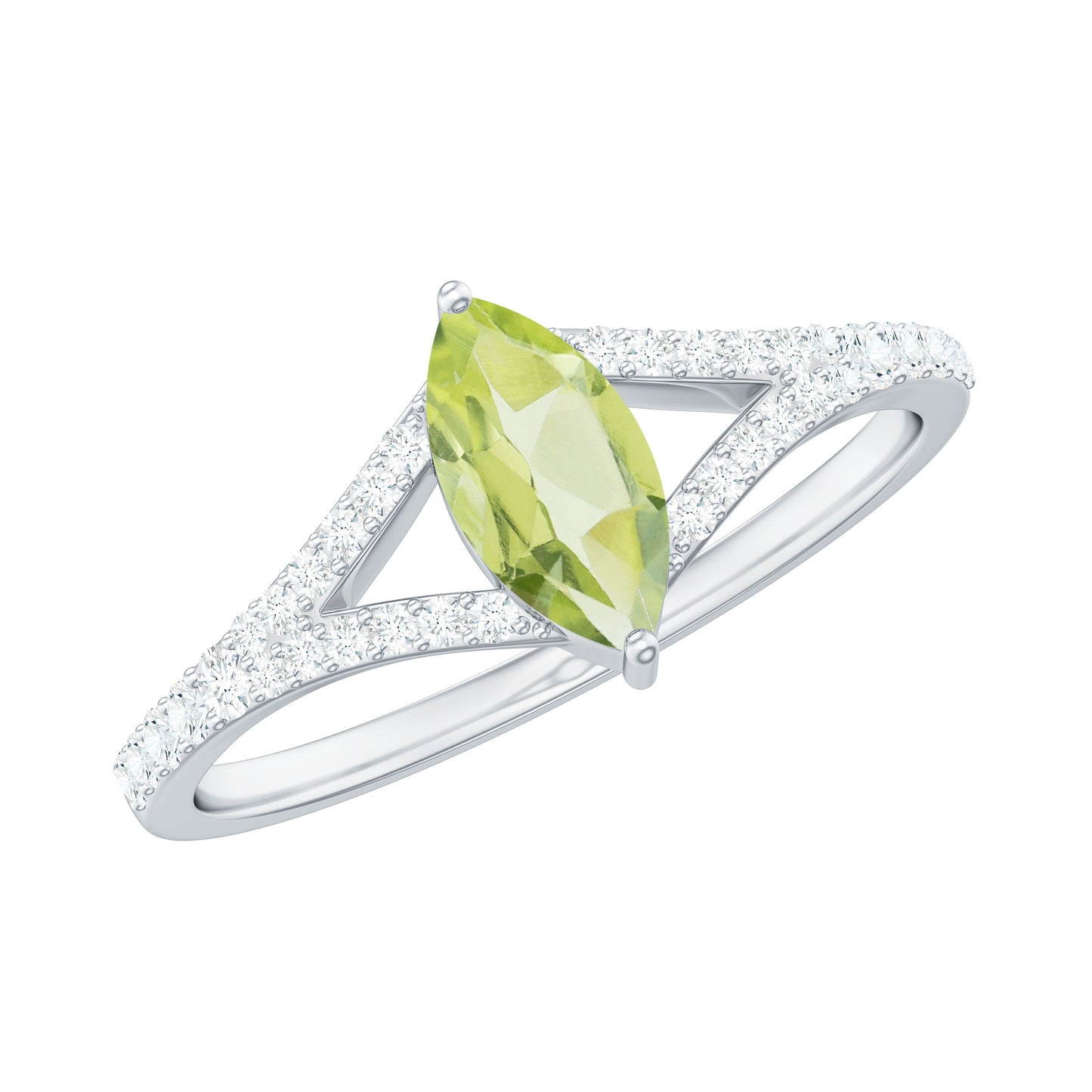 Anillo de promesa de peridoto natural de 0,7 quilates talla marquesa con diamante en el cuerpo del anillo dividido