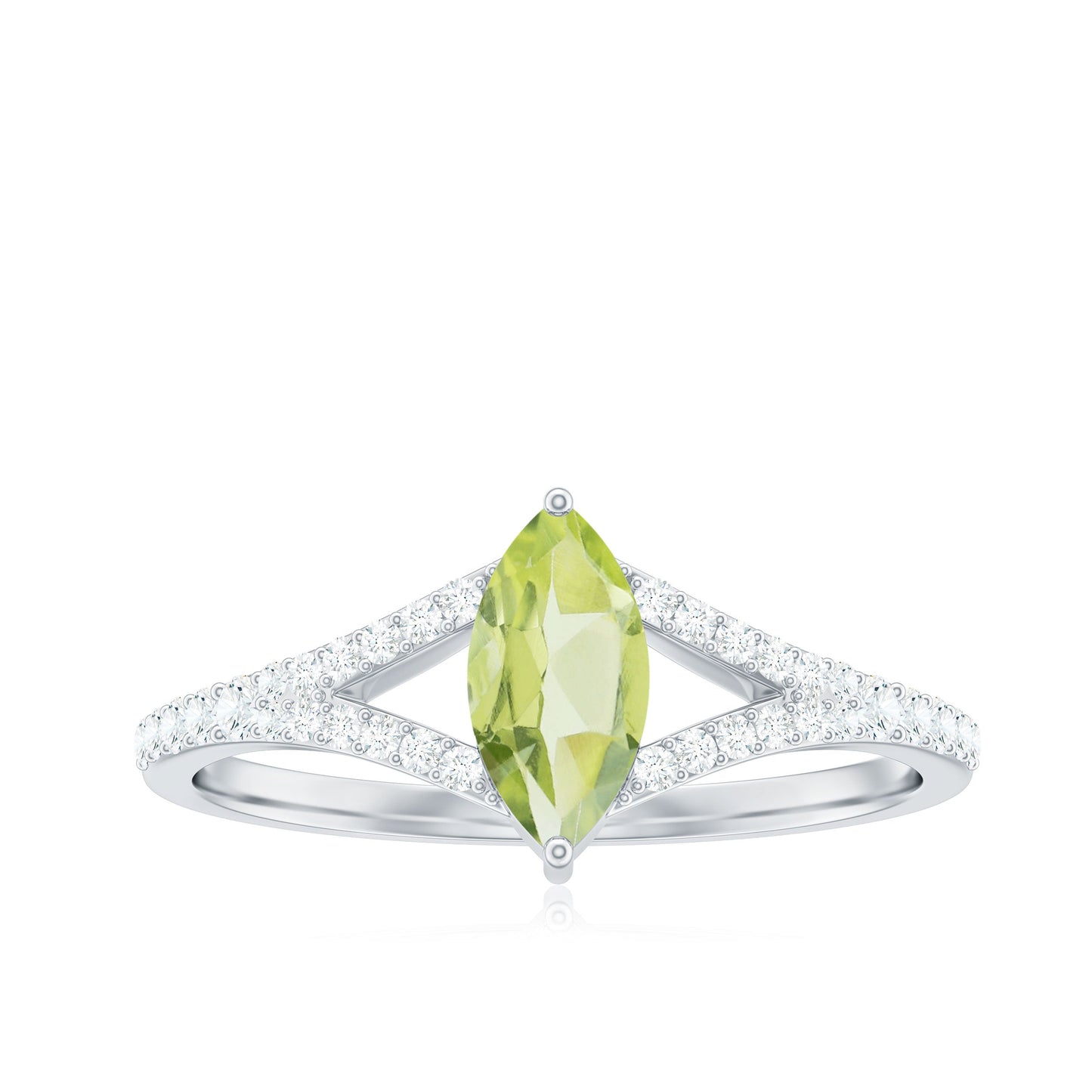 Anillo de promesa de peridoto natural de 0,7 quilates talla marquesa con diamante en el cuerpo del anillo dividido