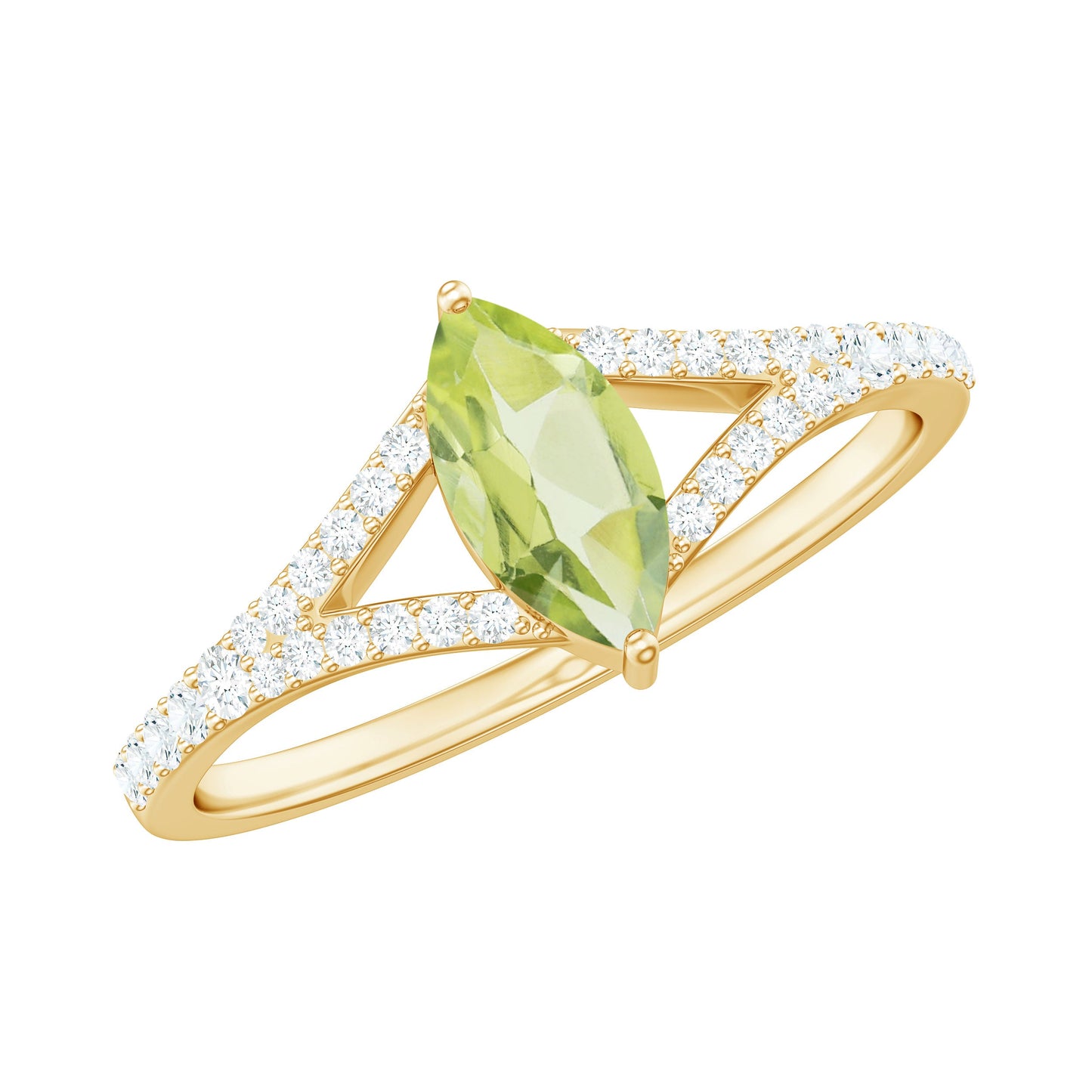 Anillo de promesa de peridoto natural de 0,7 quilates talla marquesa con diamante en el cuerpo del anillo dividido