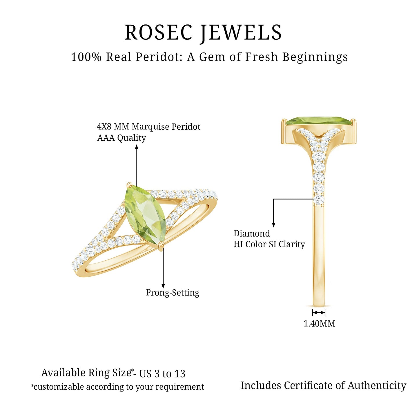 Anillo de promesa de peridoto natural de 0,7 quilates talla marquesa con diamante en el cuerpo del anillo dividido