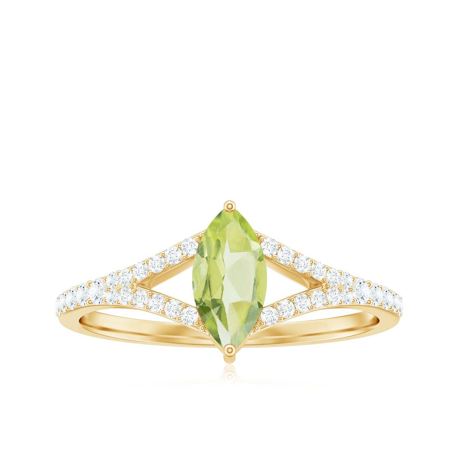 Anillo de promesa de peridoto natural de 0,7 quilates talla marquesa con diamante en el cuerpo del anillo dividido