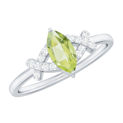 Certified Real 0.7 Carat Marquise Peridot Promise Ring with Diamond