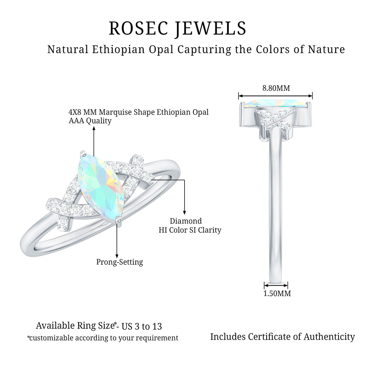 Anillo de compromiso de diamante con ópalo marquesa natural y certificado