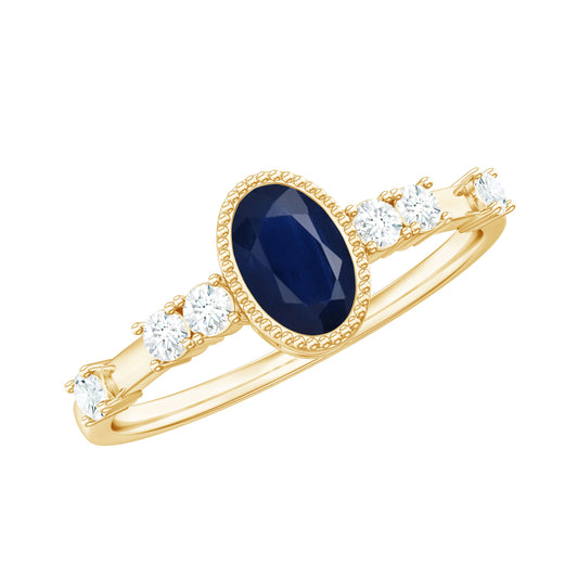 Anillo de compromiso ovalado de zafiro azul de aspecto vintage con diamante