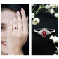 Anillo de compromiso de marquesa de rubí de 0,75 quilates de estilo vintage con trío de diamantes
