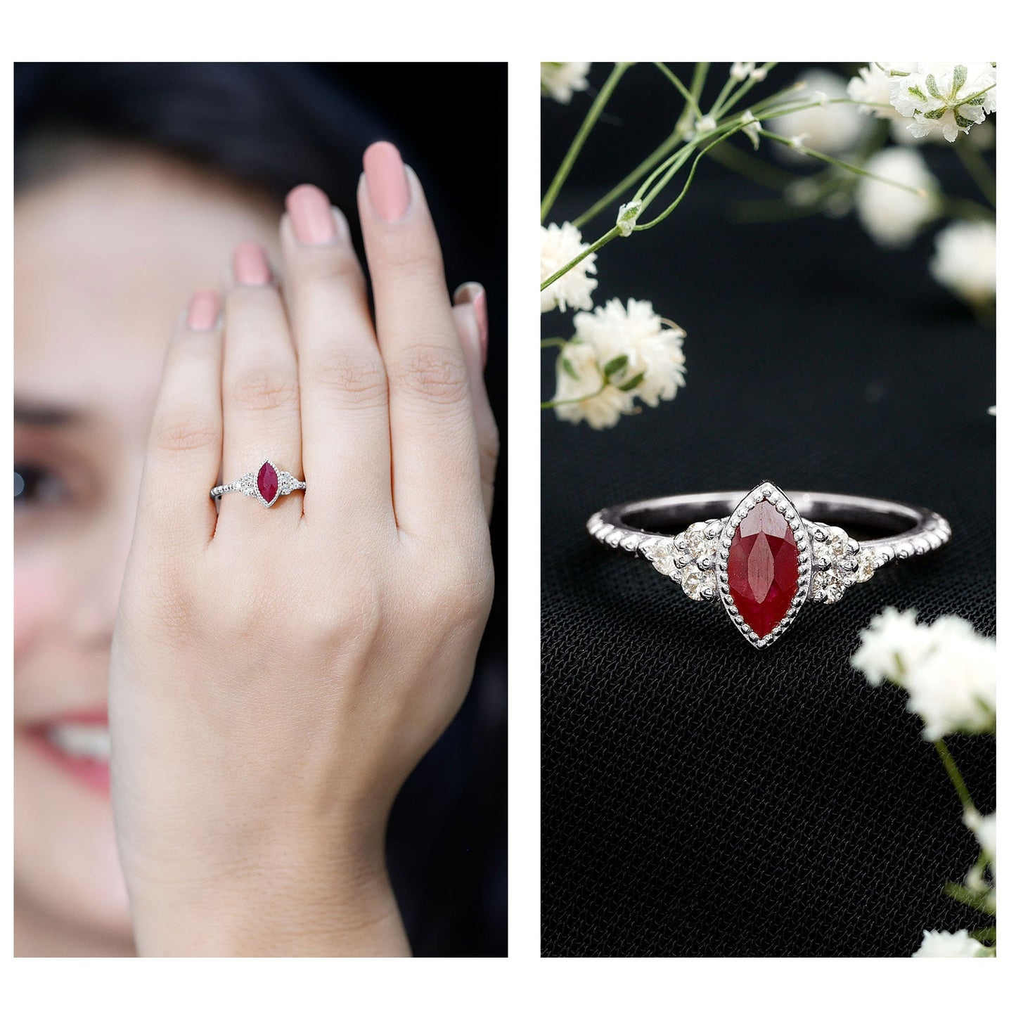 Anillo de compromiso de marquesa de rubí de 0,75 quilates de estilo vintage con trío de diamantes