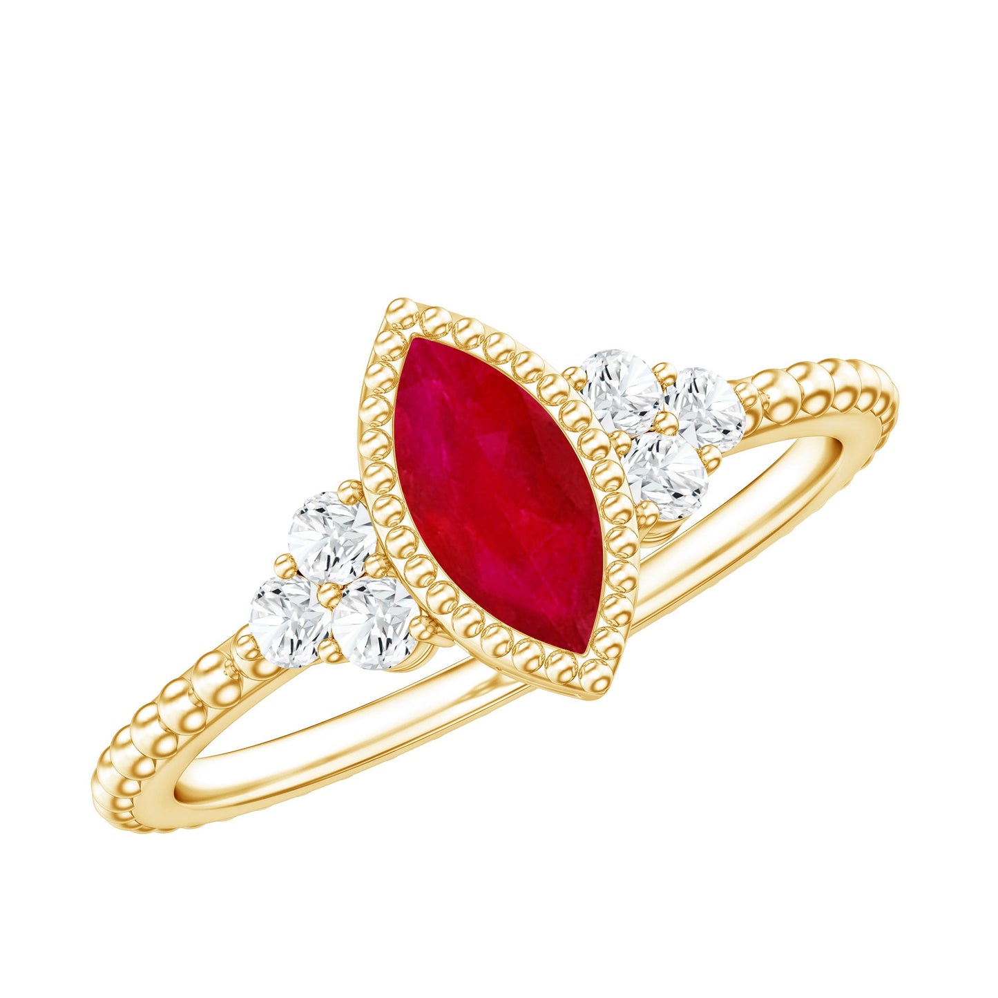 Anillo de compromiso de marquesa de rubí de 0,75 quilates de estilo vintage con trío de diamantes
